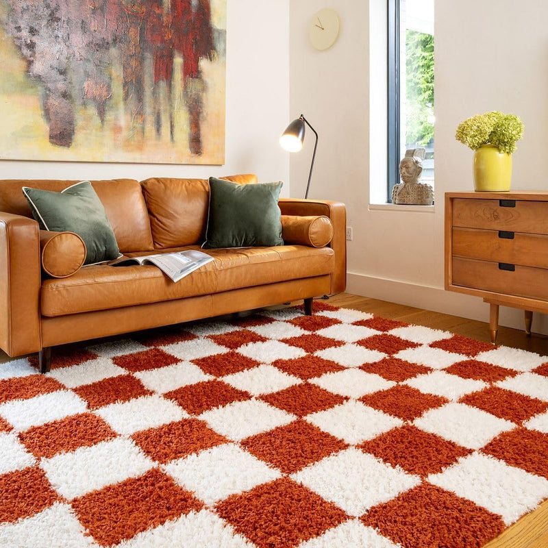 Modern Shaggy Rust Terracotta Retro Checker Design Soft