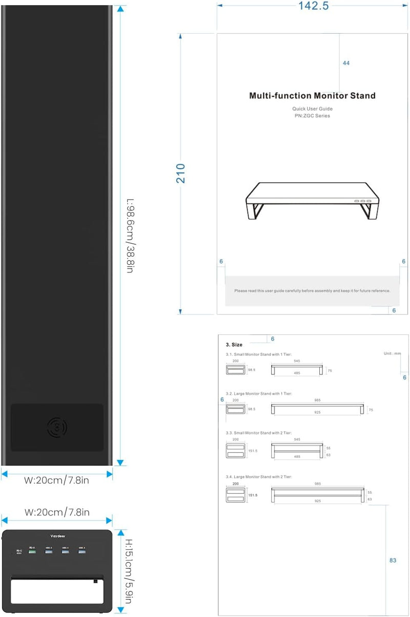 Monitor Stand Riser Wireless Charging 3 USB Ports