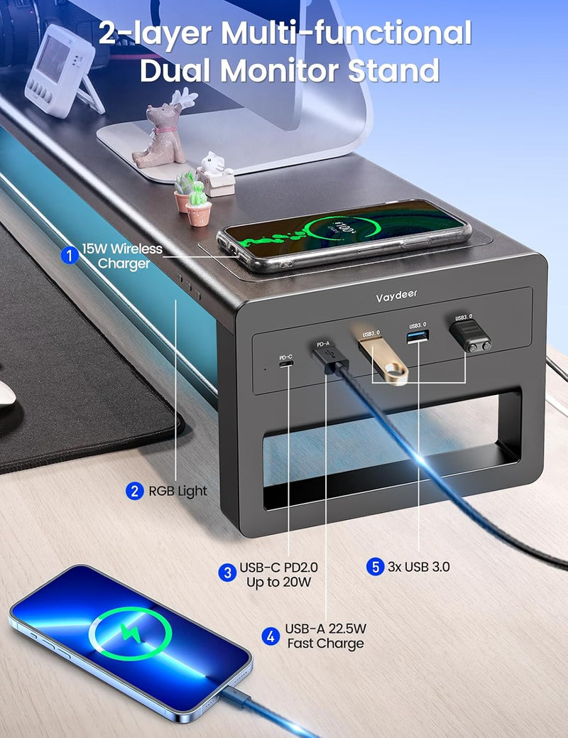 Monitor Stand Riser Wireless Charging 3 USB Ports