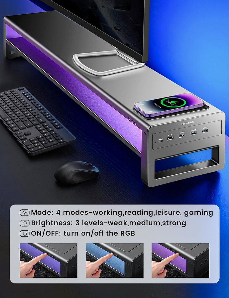 Monitor Stand Riser Wireless Charging 3 USB Ports