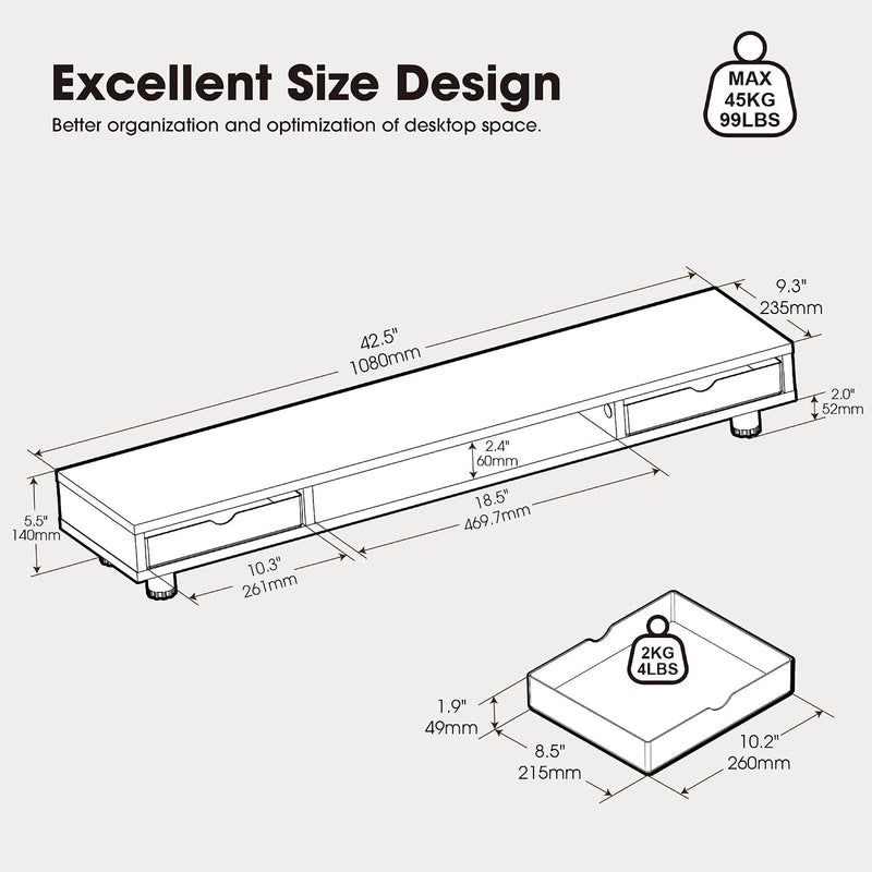 Monitor Stand with 2 PC Drawers High Adjustable