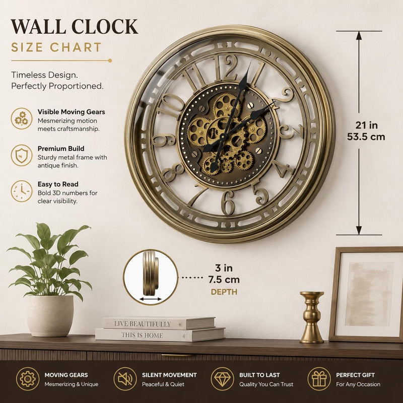 Moving Gears Wall Clock Vintage Bronze Arabic