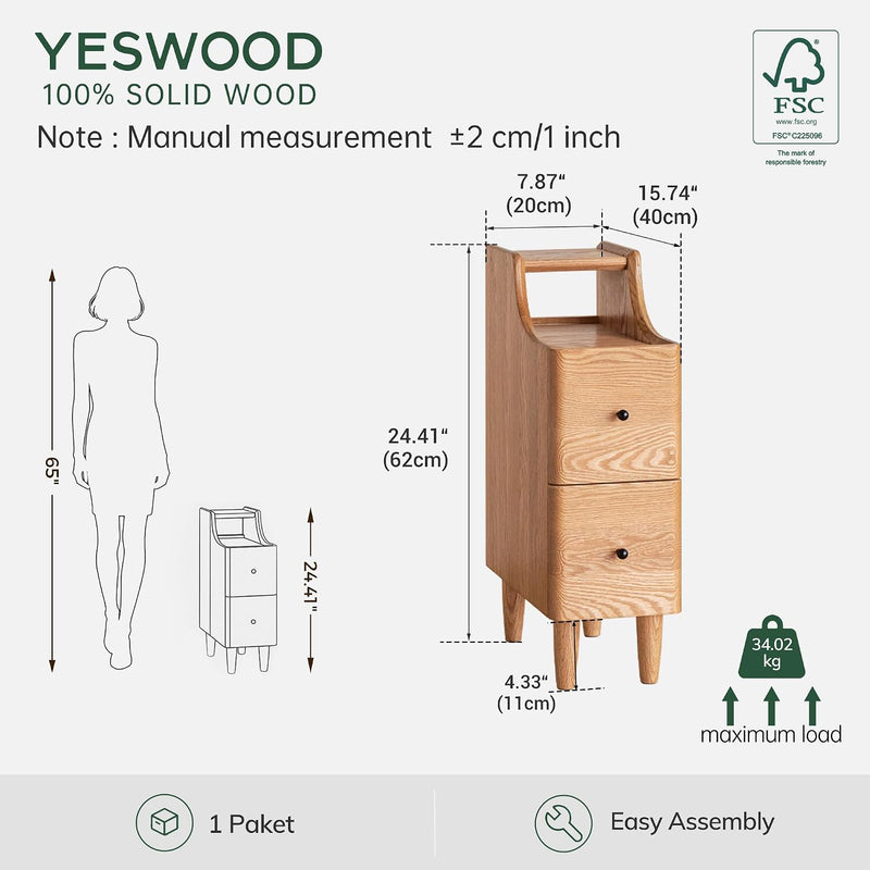 Narrow 20CM Solid Oak Bedside Table with 2 Drawers