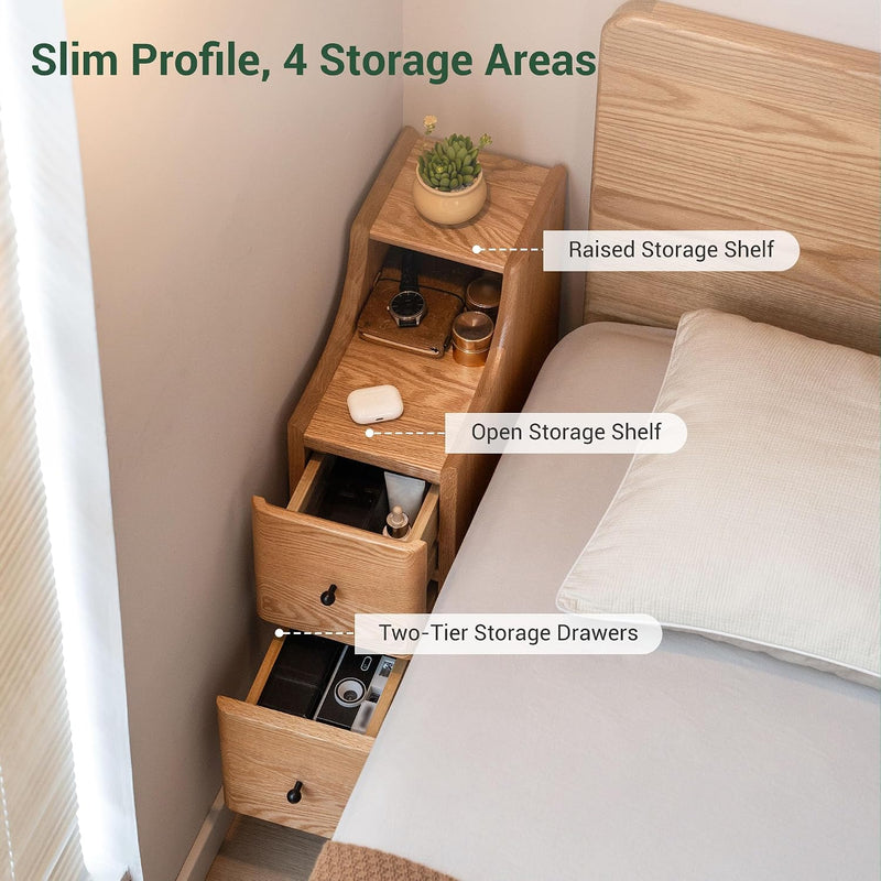 Narrow 20CM Solid Oak Bedside Table with 2 Drawers