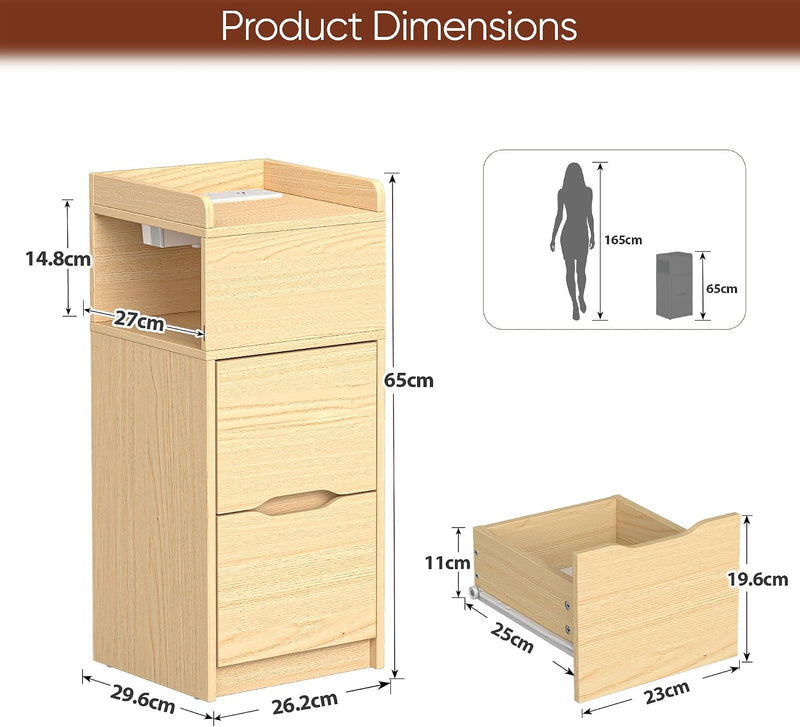 Narrow 30CM Bedside Table with Charging Station Sensor