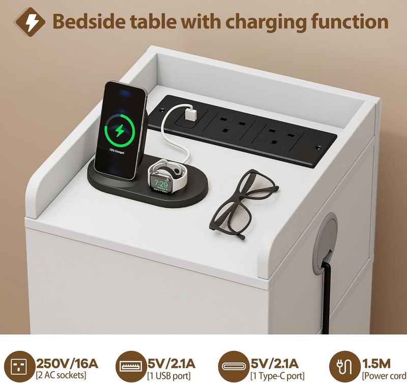 Narrow 30CM Bedside Table with Charging Station Sensor