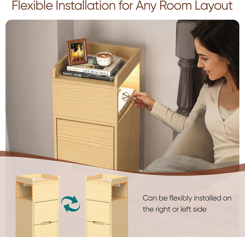 Narrow 30CM Bedside Table with Charging Station Sensor