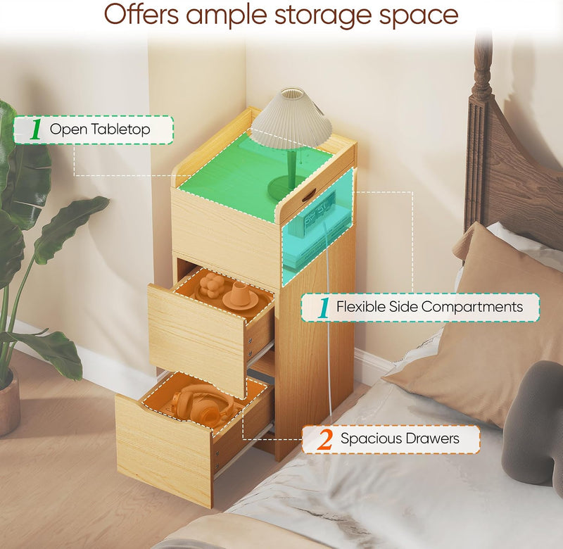 Narrow 30CM Bedside Table with Charging Station Sensor