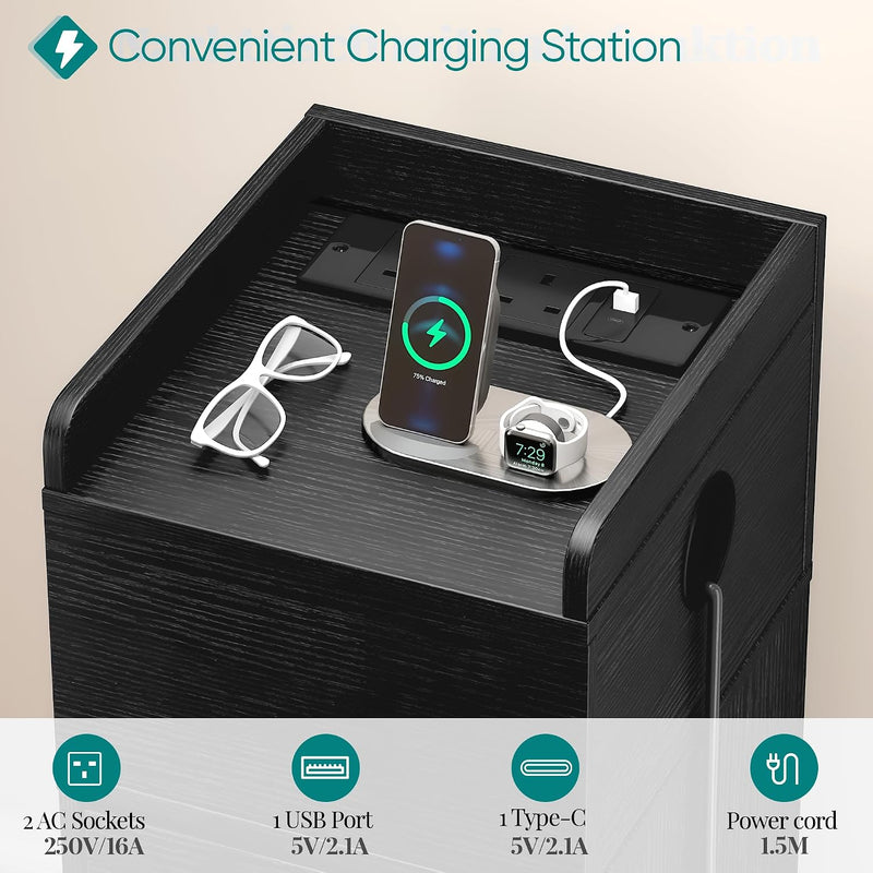 Narrow 30CM Bedside Table with Charging Station Sensor