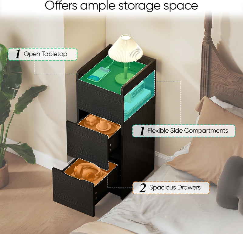 Narrow 30CM Bedside Table with Charging Station Sensor