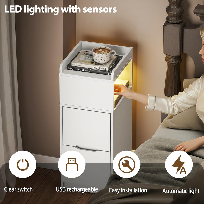 Narrow 30CM Bedside Table with Charging Station Sensor