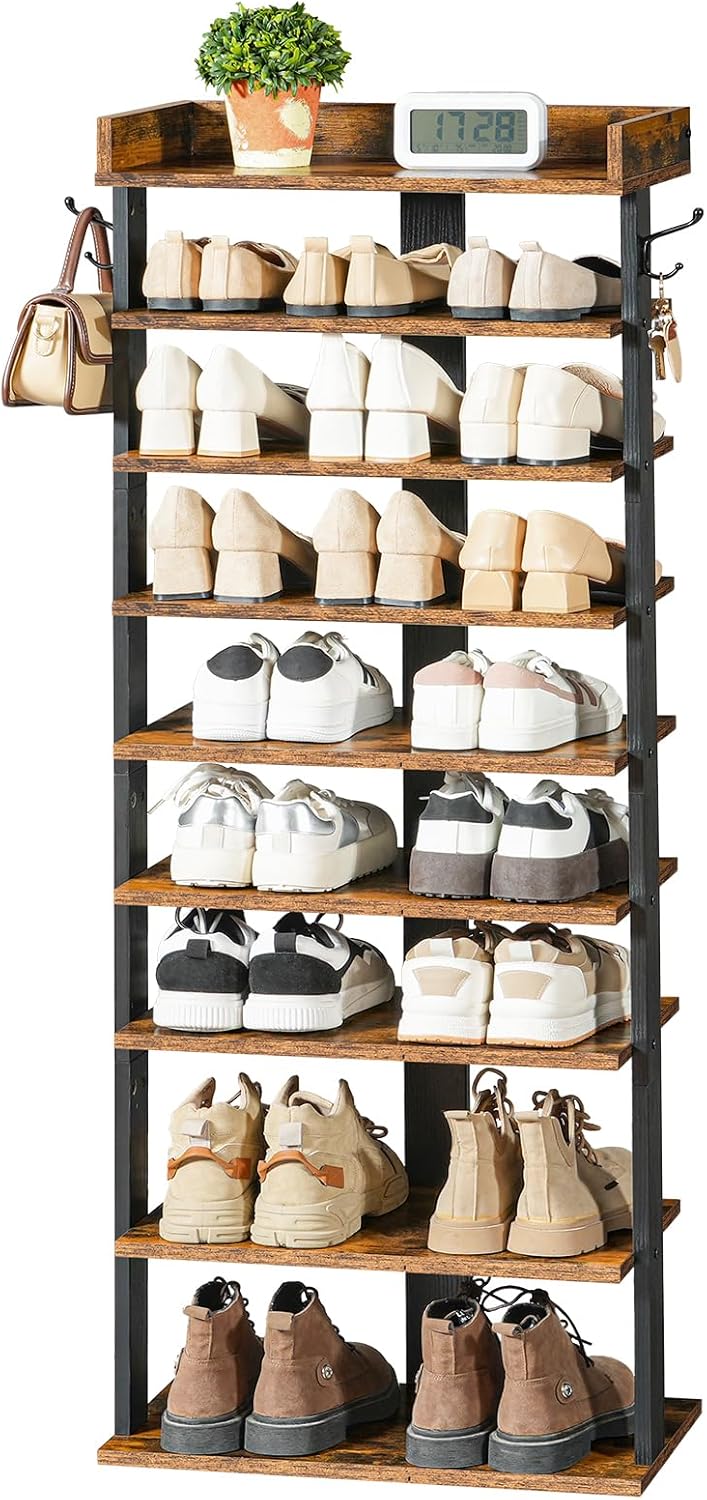 Narrow 9-Tier Tall Shoe Rack Wooden Storage Organiser