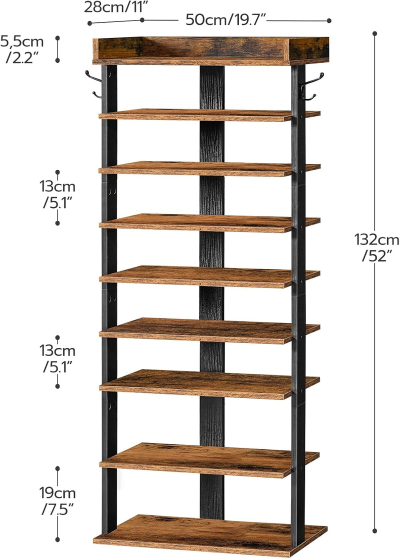 Narrow 9-Tier Tall Shoe Rack Wooden Storage Organiser