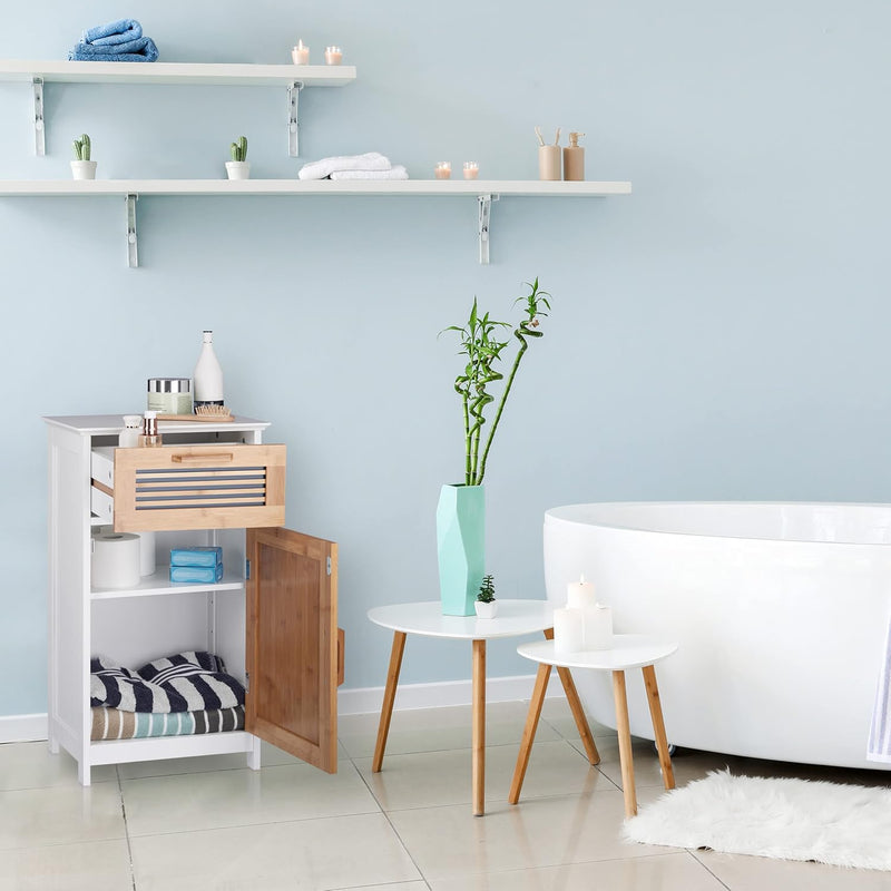 Narrow Bathroom Cabinet Drawer Natural Look Height-Adjustable