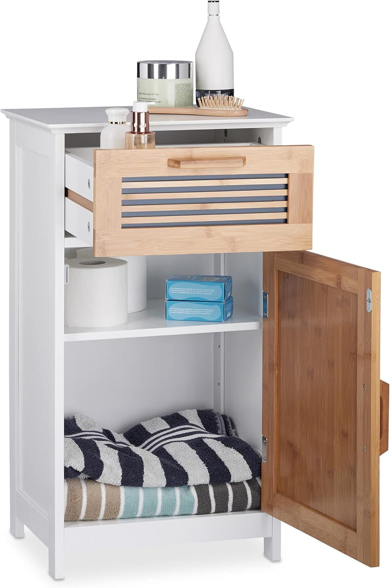 Narrow Bathroom Cabinet Drawer Natural Look Height-Adjustable