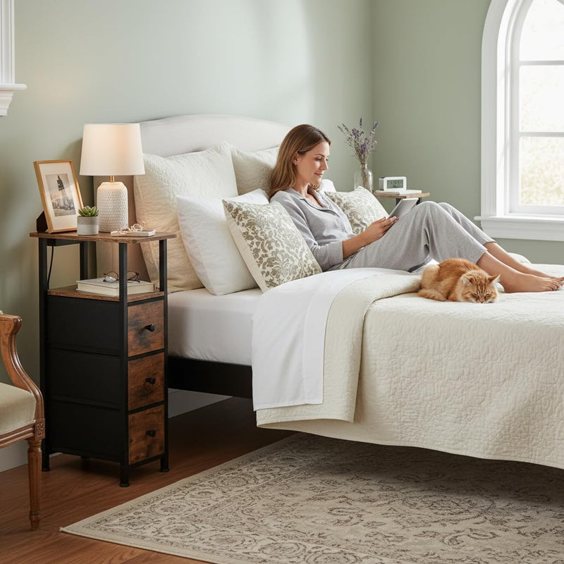 Narrow Bedside Table Slim Side for Bedroom Bed (Set of 2)
