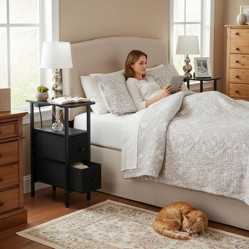 Narrow Bedside Table Slim Side for Bedroom (Set of 2)