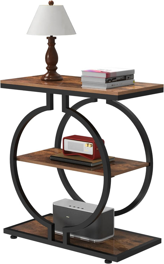 Narrow End Table 3-Tier Round Side with Geometric
