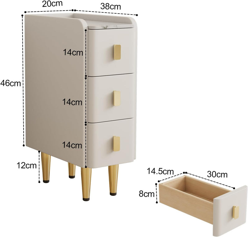 Narrow Nightstand Side Table with 3 Drawers Bedside