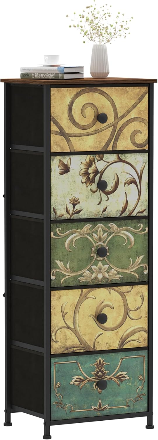 Narrow Tall Chest of Drawers 5 Fabric Drawer