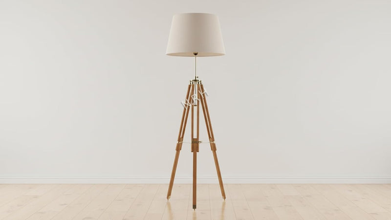 Vintage Wooden Tripod Floor Lamp with Fabric Shade