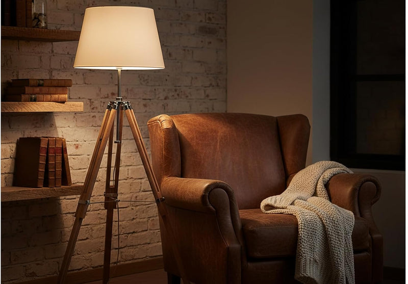 Vintage Wooden Tripod Floor Lamp with Fabric Shade
