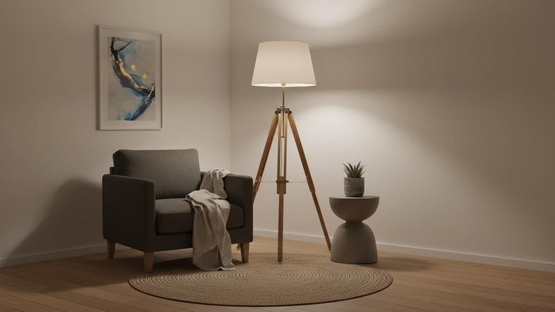 Vintage Wooden Tripod Floor Lamp with Fabric Shade