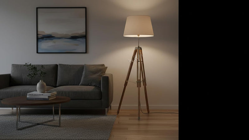 Vintage Wooden Tripod Floor Lamp with Fabric Shade