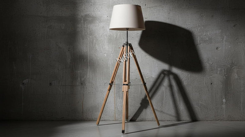Vintage Wooden Tripod Floor Lamp with Fabric Shade