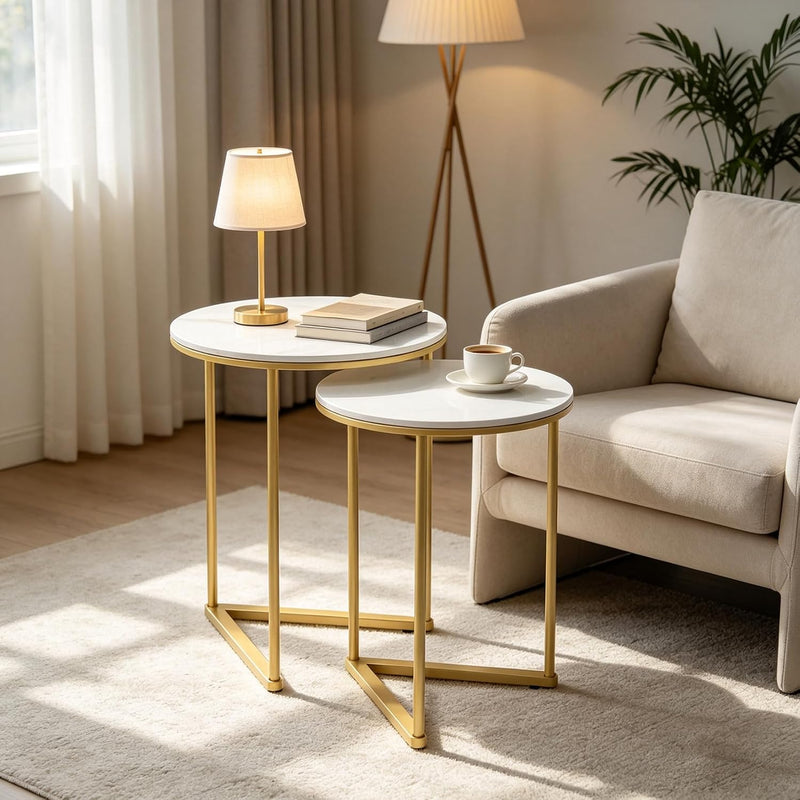 Nesting Side Tables Sintered Stone Top with Golden (Set of 2)