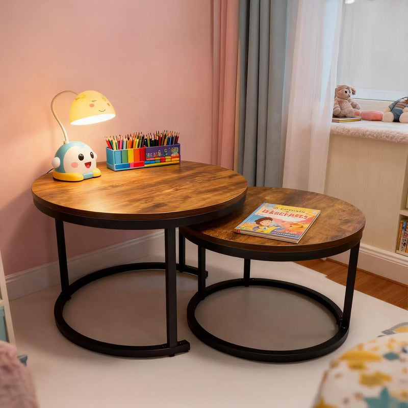 Nesting Tables Industrial Design Wood Effect Metal (Set of 2)