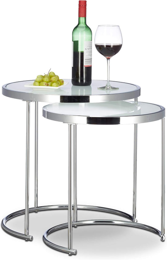 Nesting Tables Round Chrome Frame Modern Design Frosted (Set of 2)