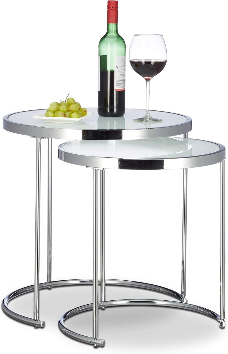 Nesting Tables Round Chrome Frame Modern Design Frosted (Set of 2)