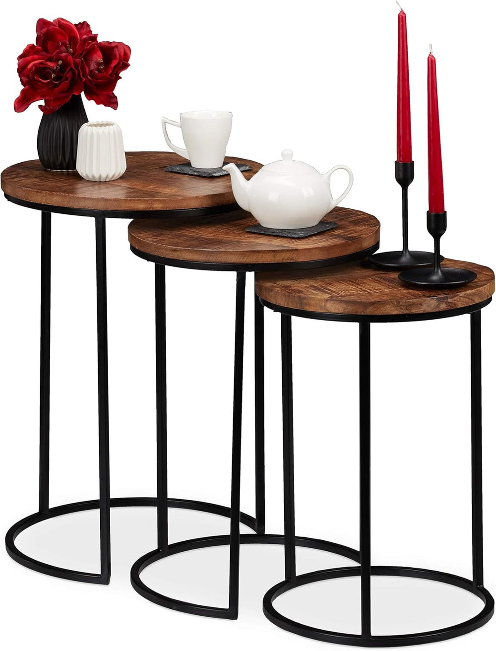 Nesting Tables Round Mango Wood Side Industrial Design (Set of 3)