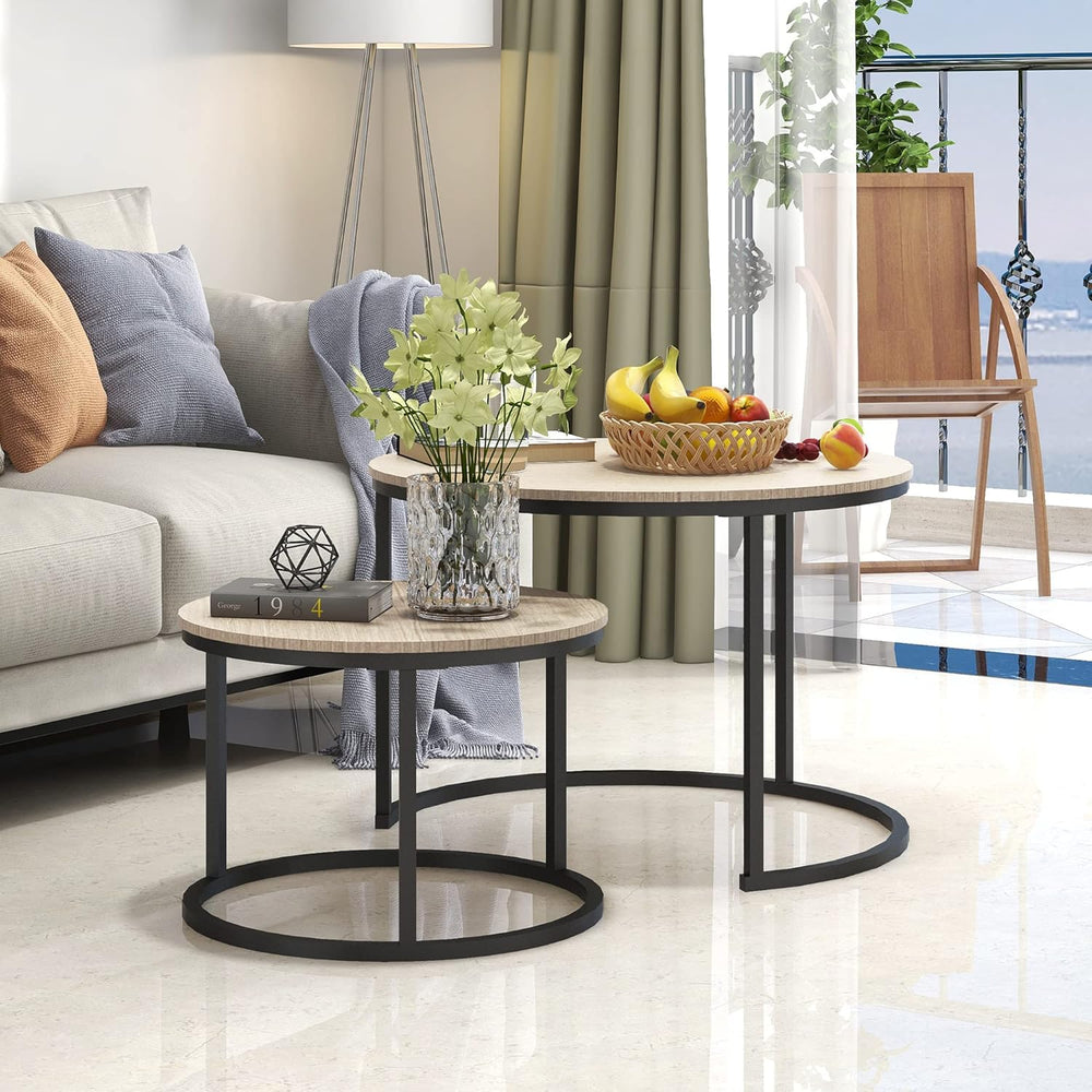 Nesting Tables Wood Coffee Table Round Farmhouse End (Set of 2)