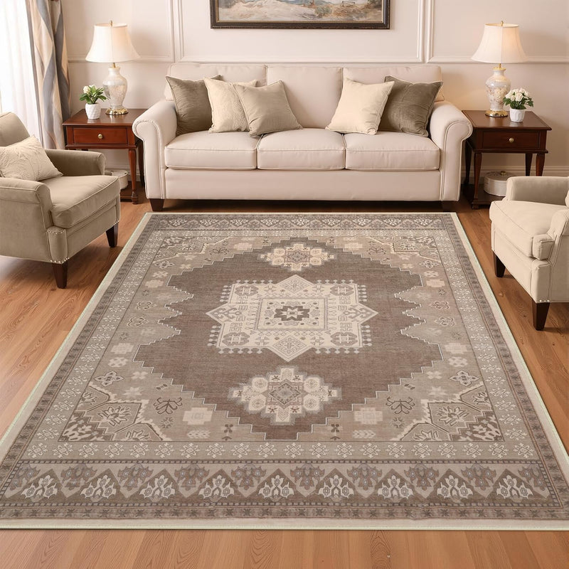 Neutral Warm Greige Area Rug Vintage Medallion