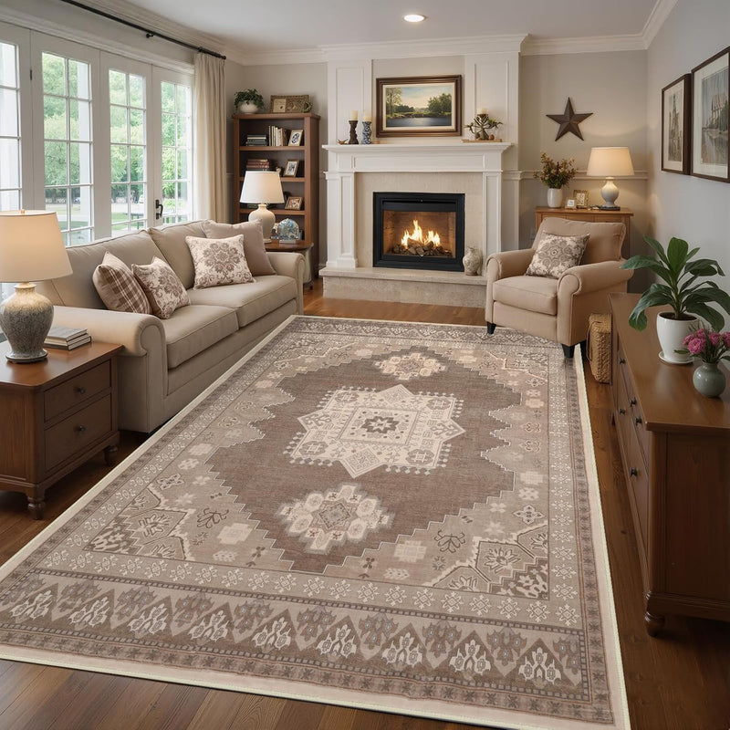 Neutral Warm Greige Area Rug Vintage Medallion