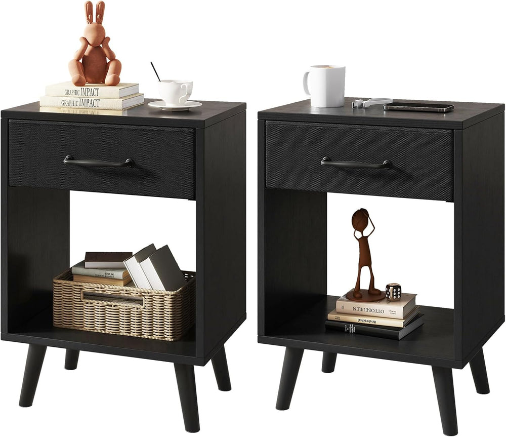 Nightstand Bedside Table Side with Fabric Drawer Handle (Set of 2)