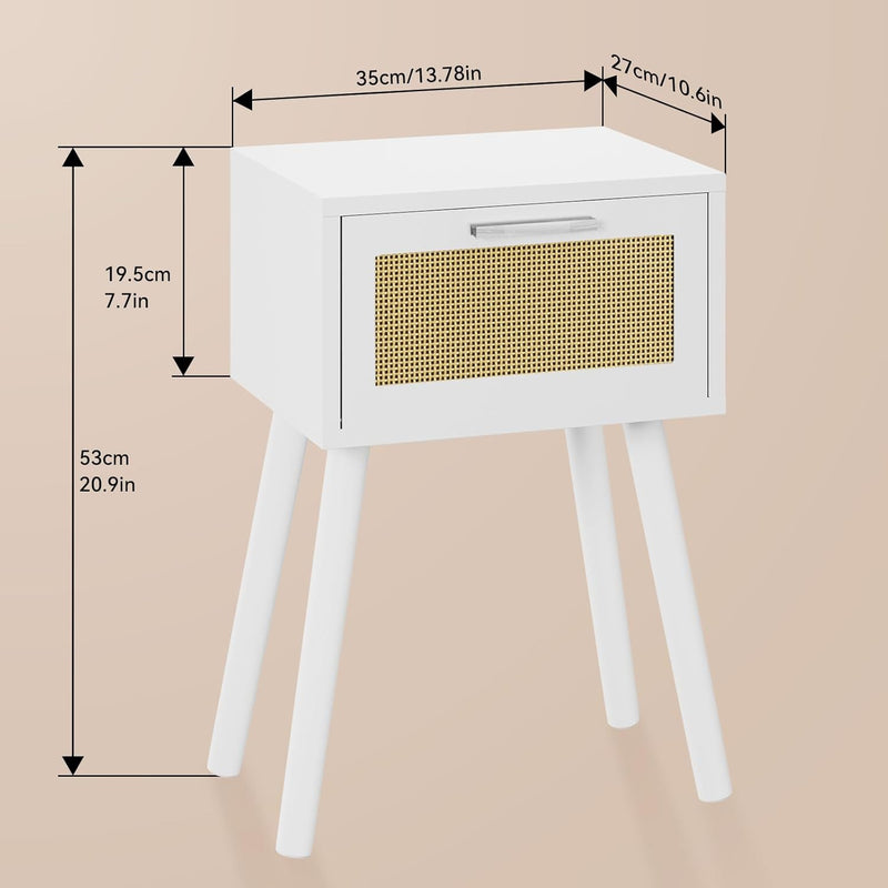 Nightstand End Table Small Bedside Handmade Rattan Decorated (Set of 2)