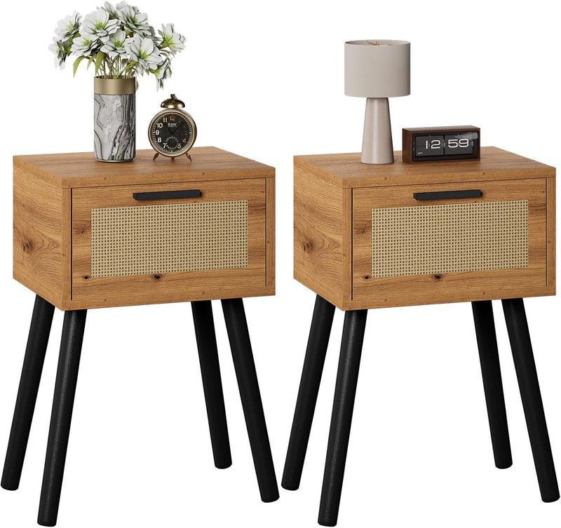 Nightstand End Table Small Bedside Handmade Rattan Decorated (Set of 2)