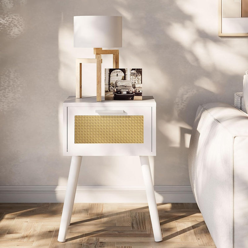 Nightstand End Table Small Bedside Handmade Rattan Decorated (Set of 2)