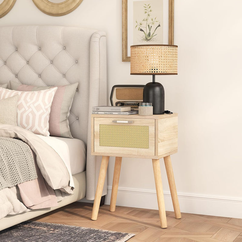 Nightstand End Table Small Bedside Handmade Rattan Decorated (Set of 2)