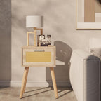 Nightstand End Table Small Bedside Handmade Rattan Decorated (Set of 2)