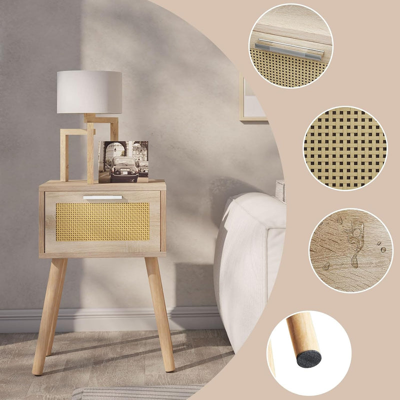 Nightstand End Table Small Bedside Handmade Rattan Decorated (Set of 2)