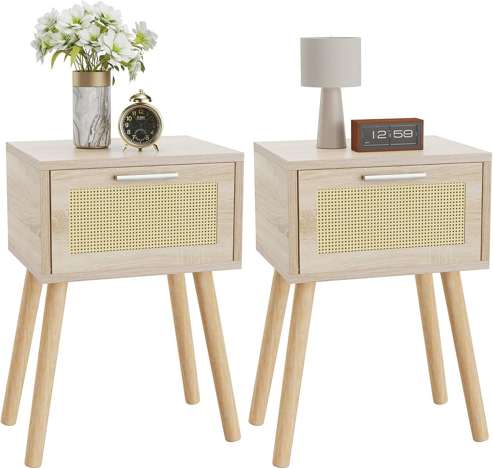 Nightstand End Table Small Bedside Handmade Rattan Decorated (Set of 2)