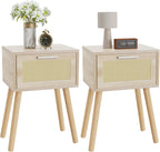 Nightstand End Table Small Bedside Handmade Rattan Decorated (Set of 2)