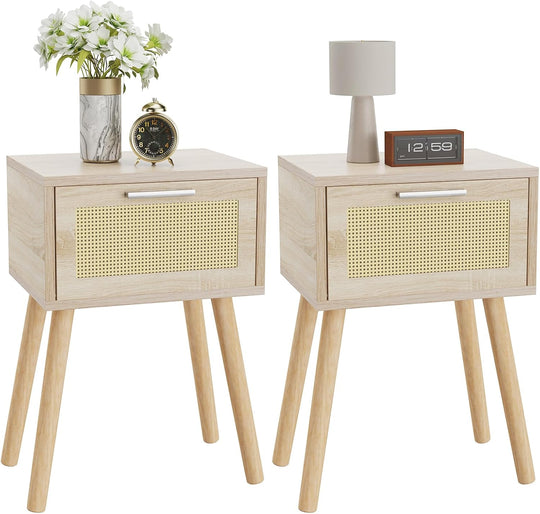 Nightstand End Table Small Bedside Handmade Rattan Decorated (Set of 2)