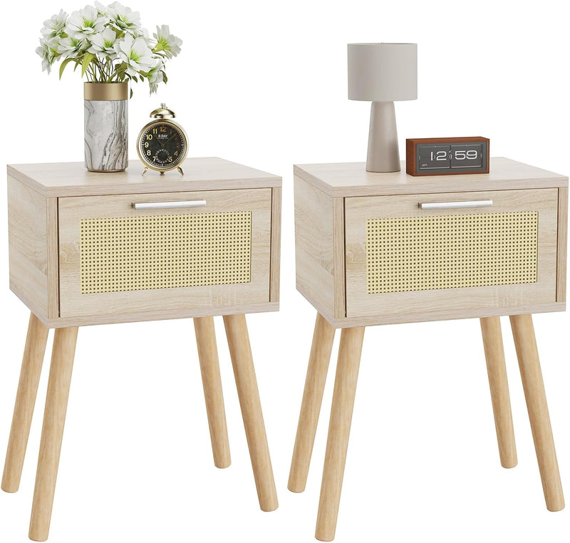Nightstand End Table Small Bedside Handmade Rattan Decorated (Set of 2)