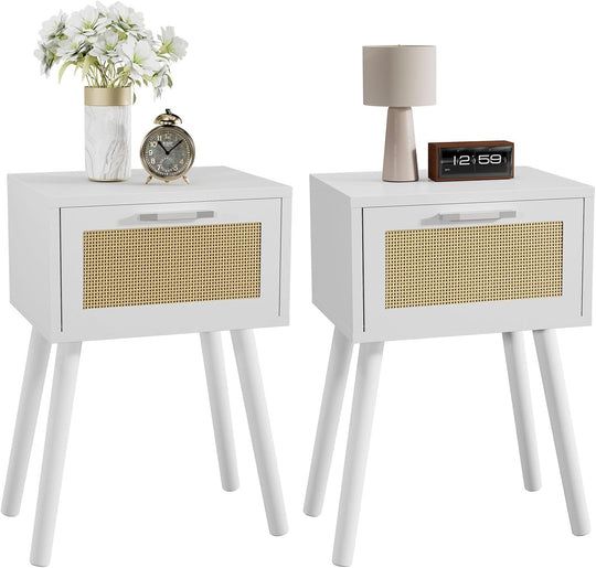 Nightstand End Table Small Bedside Handmade Rattan Decorated (Set of 2)