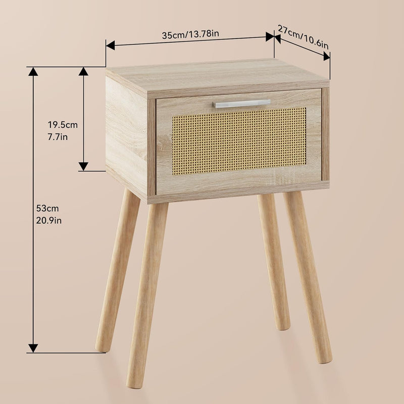 Nightstand End Table Small Bedside Handmade Rattan Decorated (Set of 2)